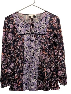 Vintage America Navy Floral Tie-Neck Top with Lavender and Peach